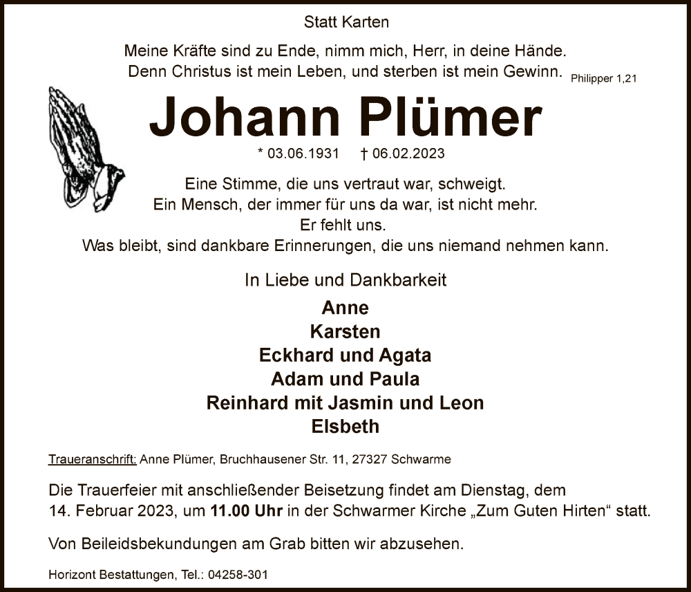 Traueranzeige für Johann Plümer vom 11.02.2023 aus SYK