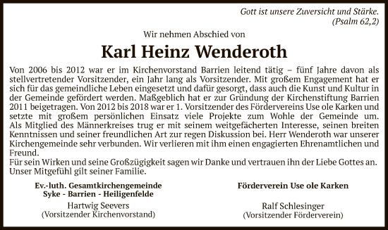 Traueranzeige von Karl Heinz Wenderoth von SYK