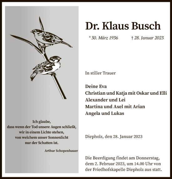 Traueranzeige von Klaus Busch von SYK