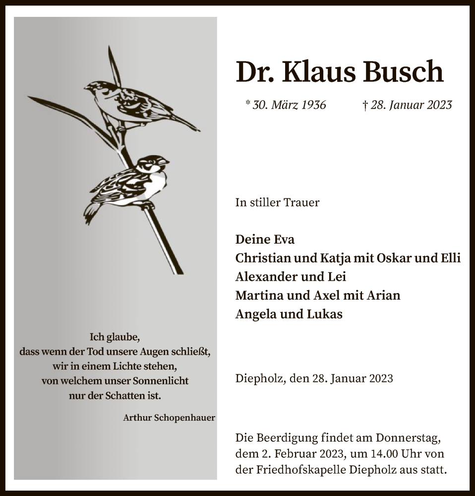  Traueranzeige für Klaus Busch vom 01.02.2023 aus SYK