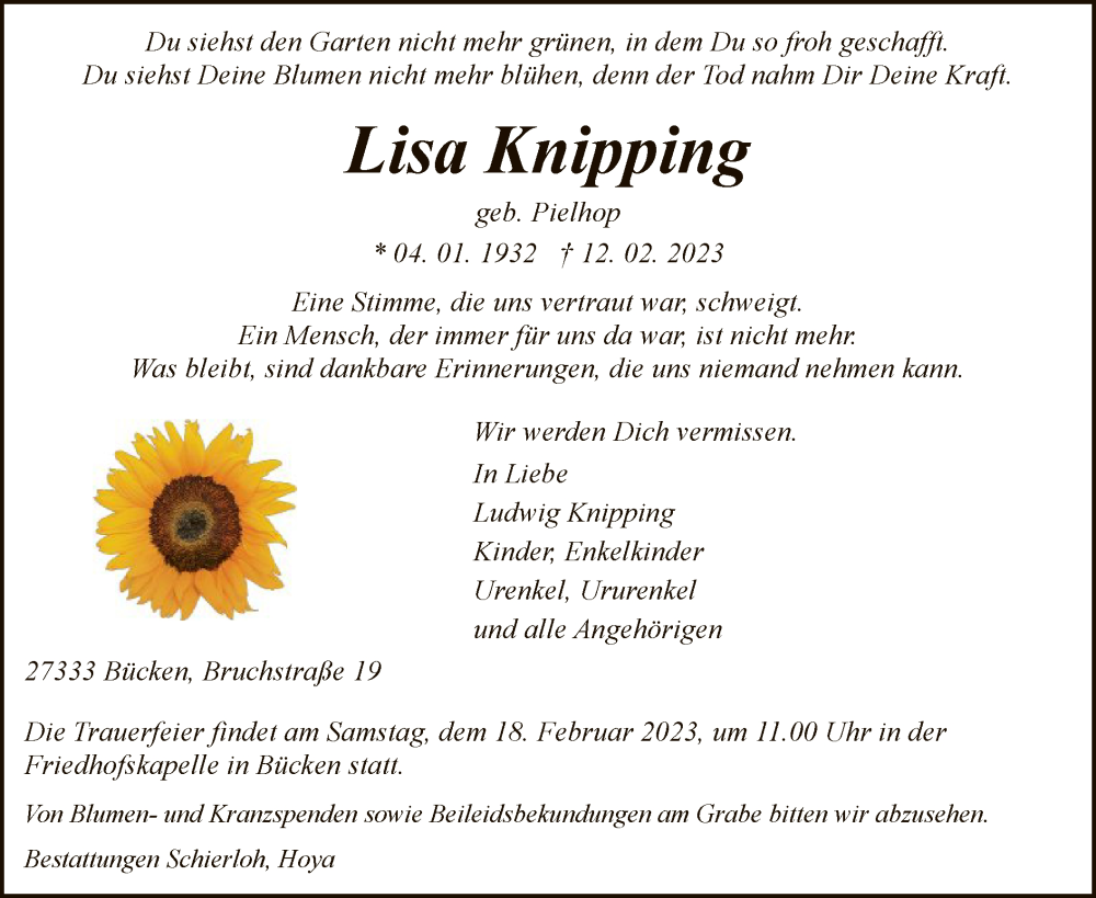  Traueranzeige für Lisa Knipping vom 15.02.2023 aus SYK