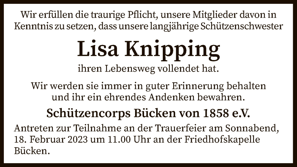  Traueranzeige für Lisa Knipping vom 15.02.2023 aus SYK