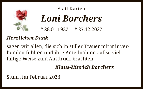 Traueranzeige von Loni Borchers von SYK