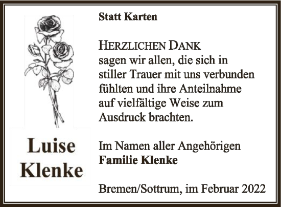 Traueranzeige von Luise Klenke von SYK