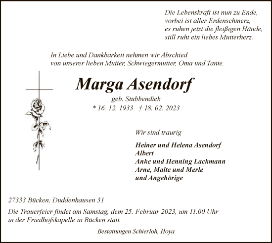 Traueranzeige von Marga Asendorf von SYK