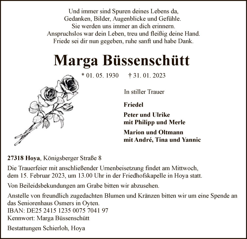  Traueranzeige für Marga Büssenschütt vom 08.02.2023 aus SYK