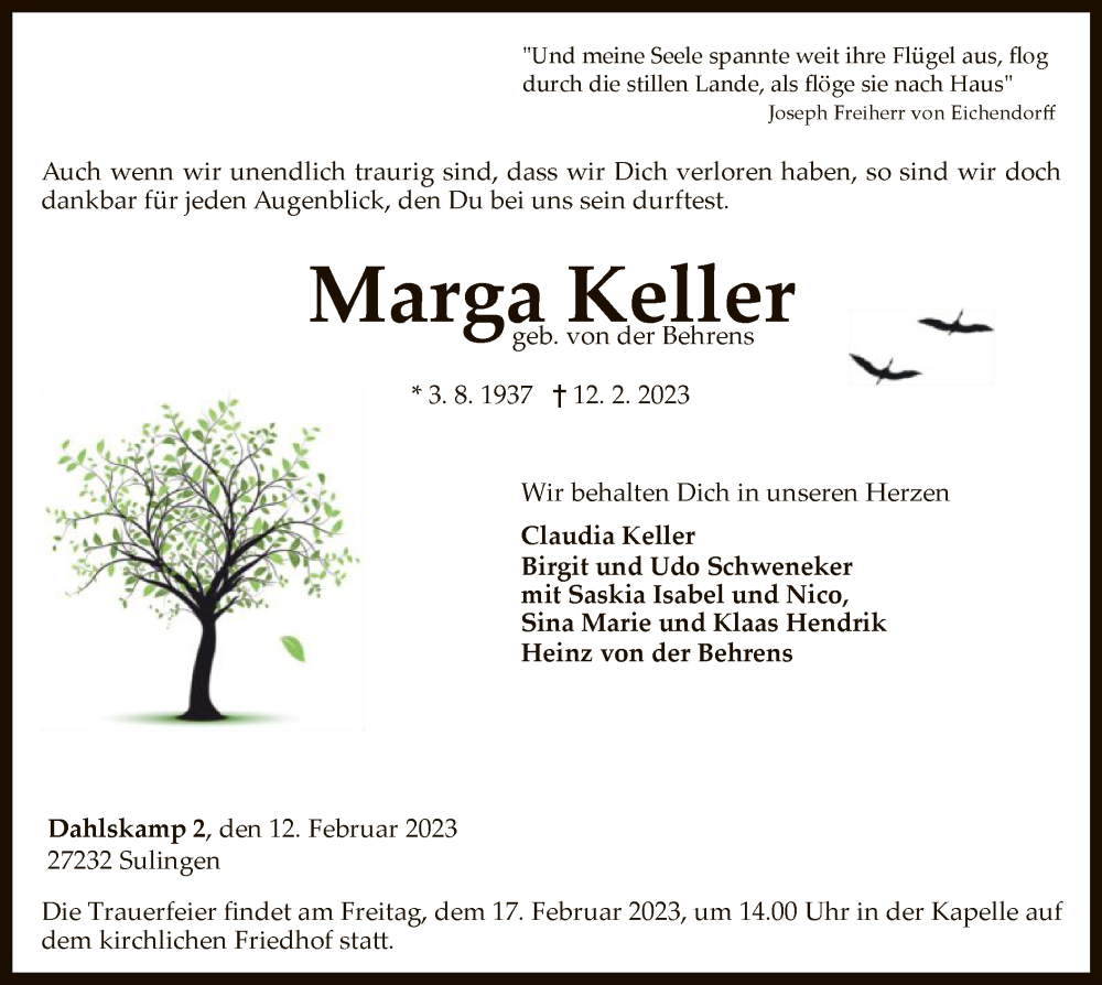  Traueranzeige für Marga Keller vom 15.02.2023 aus SYK