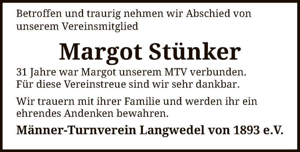  Traueranzeige für Margot Stünker vom 14.02.2023 aus SYK