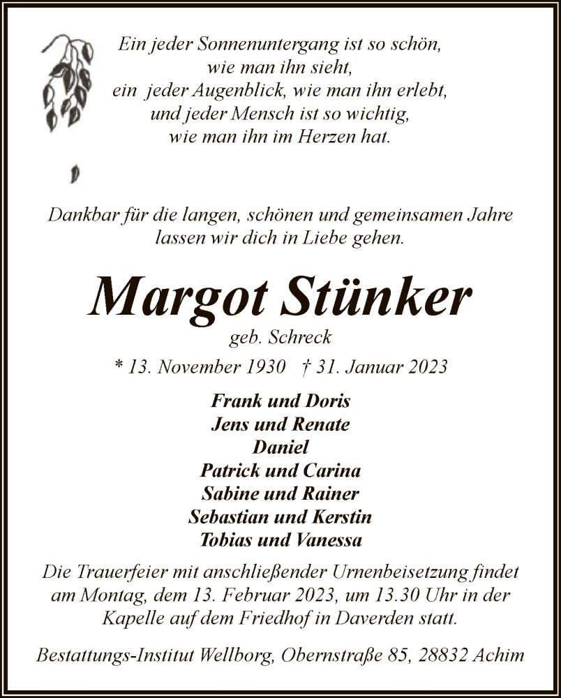  Traueranzeige für Margot Stünker vom 08.02.2023 aus SYK