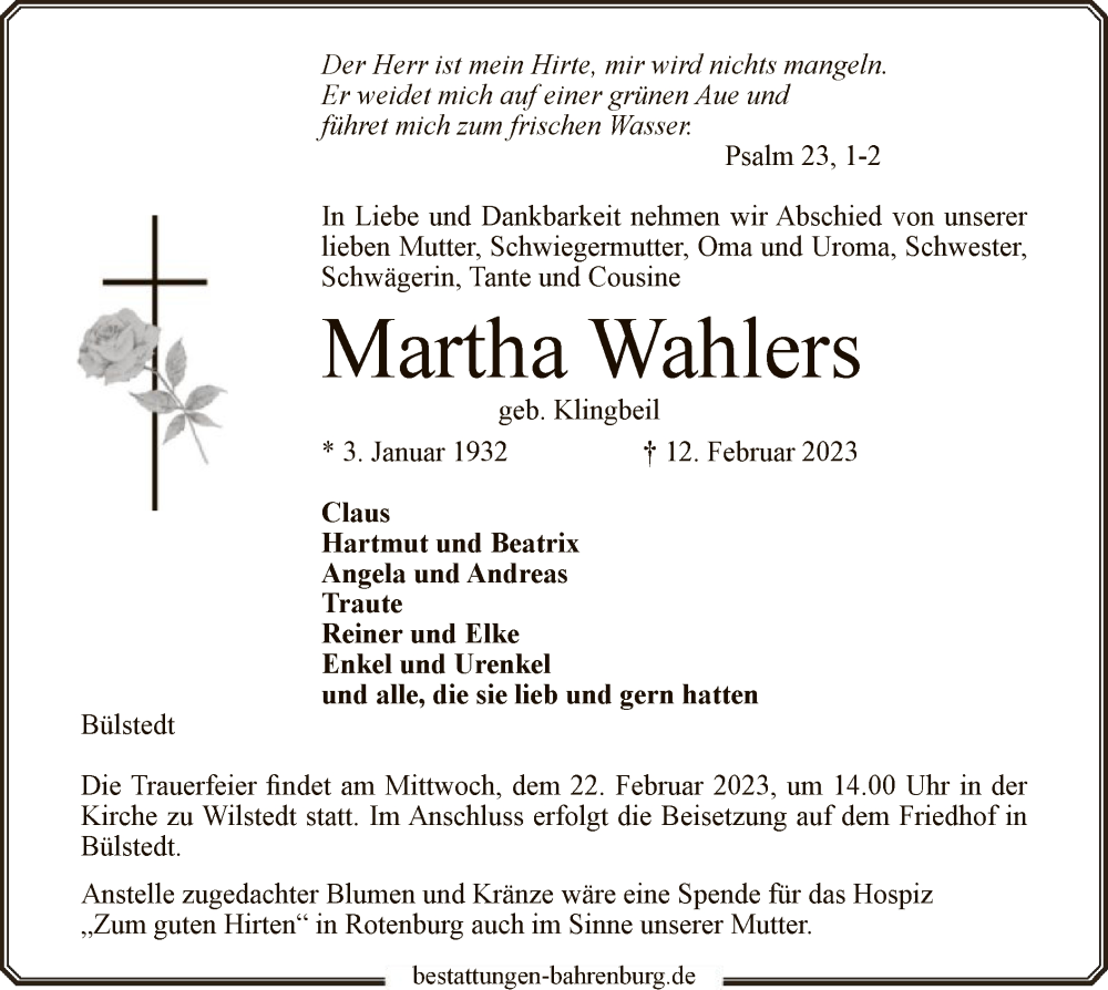  Traueranzeige für Martha Wahlers vom 18.02.2023 aus SYK