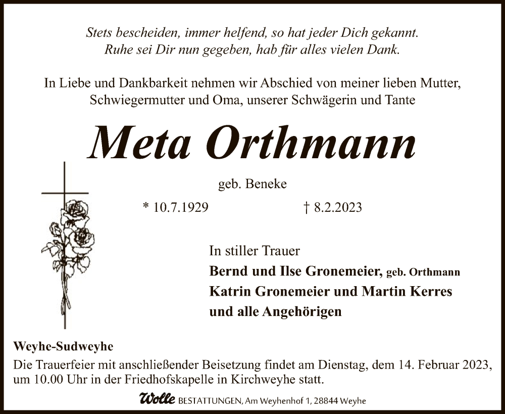  Traueranzeige für Meta Orthmann vom 10.02.2023 aus SYK