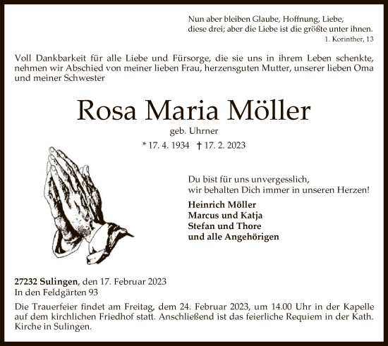 Traueranzeige von Rosa Maria Möller von SYK