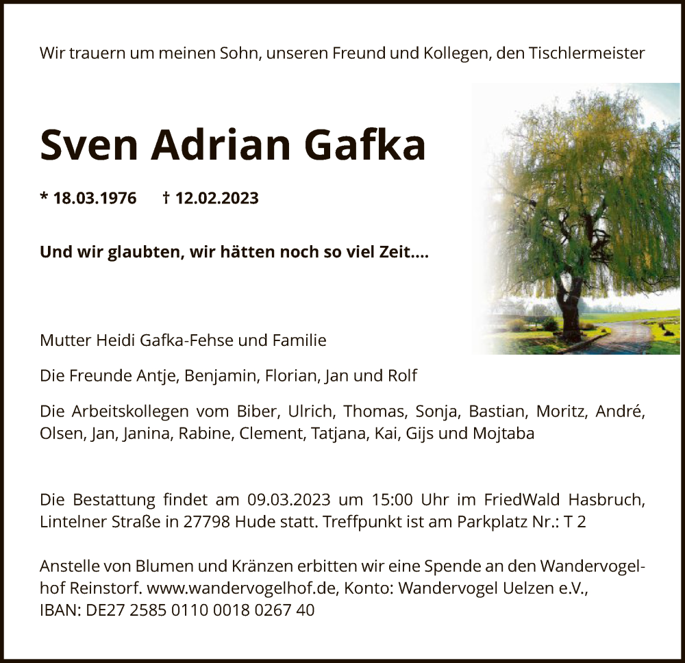  Traueranzeige für Sven Adrian Gafka vom 25.02.2023 aus SYK