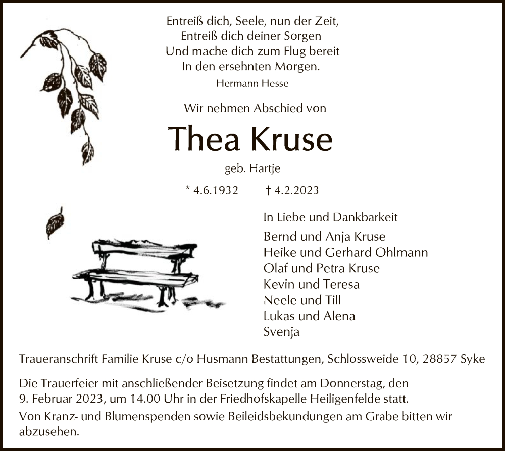  Traueranzeige für Thea Kruse vom 08.02.2023 aus SYK