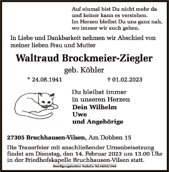 Todesanzeige von Waltraud Brockrneier-Ziegler von SYK