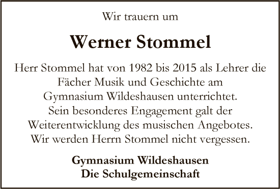 Traueranzeige von Werner Stommel von SYK