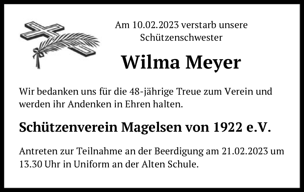  Traueranzeige für Wilma Meyer vom 16.02.2023 aus SYK