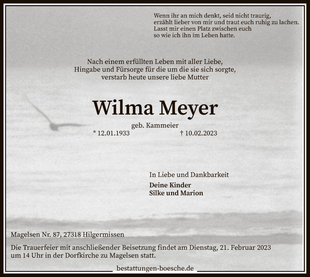  Traueranzeige für Wilma Meyer vom 14.02.2023 aus SYK