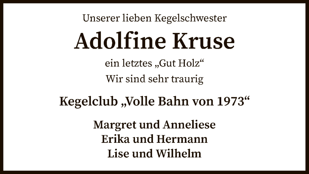  Traueranzeige für Adolfine Kruse vom 18.03.2023 aus SYK