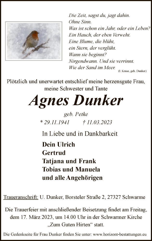  Traueranzeige für Agnes Dunker vom 15.03.2023 aus SYK