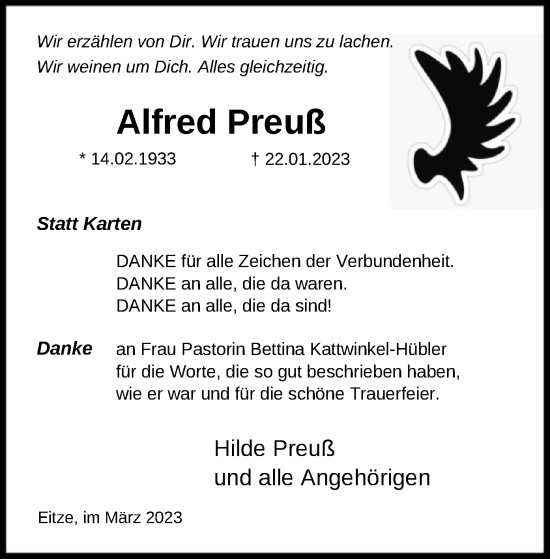 Traueranzeige von Alfred Preuß von SYK