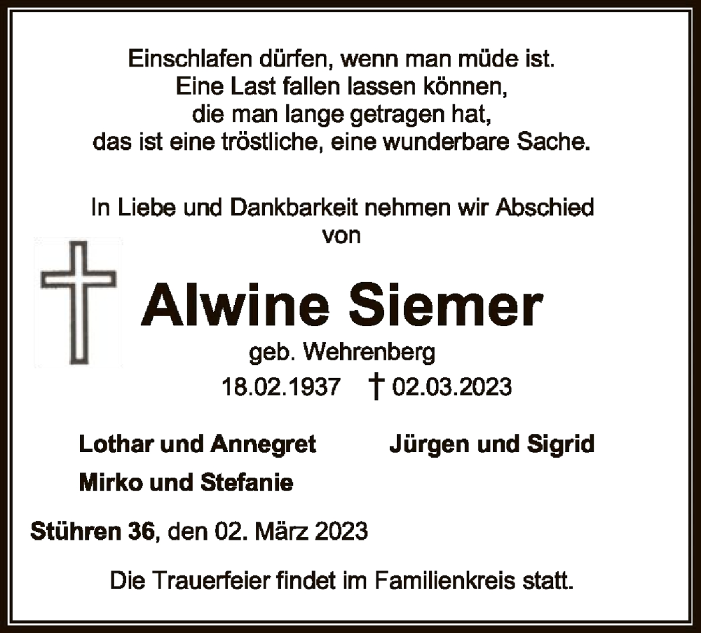  Traueranzeige für Alwine Siemer vom 07.03.2023 aus SYK