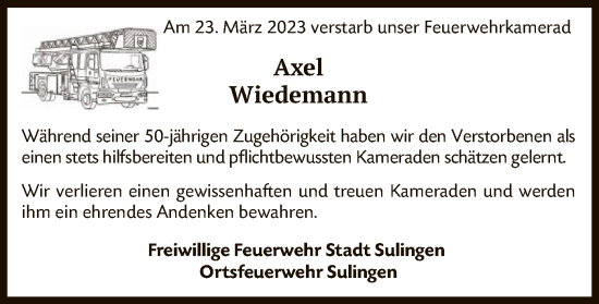 Traueranzeige von Axel Wiedemann von SYK