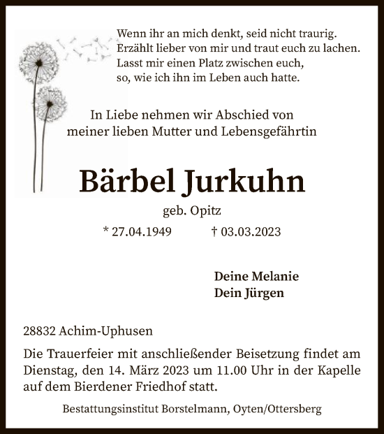 Traueranzeige von Bärbel Jurkuhn von SYK