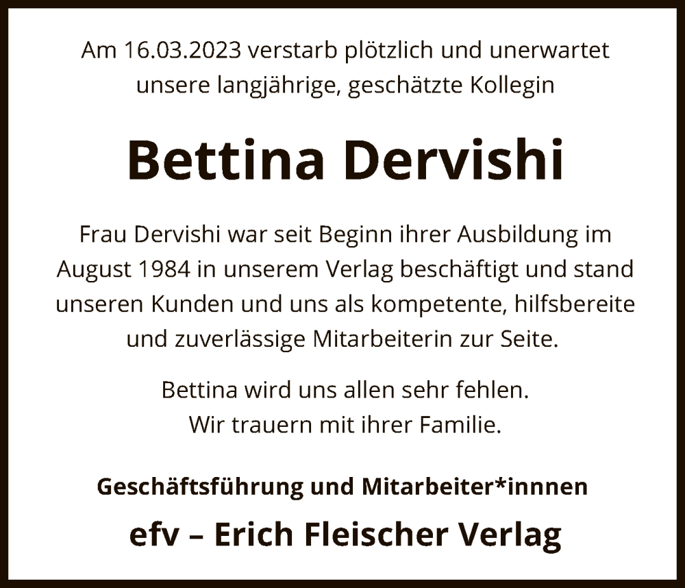  Traueranzeige für Bettina Dervishi vom 25.03.2023 aus SYK