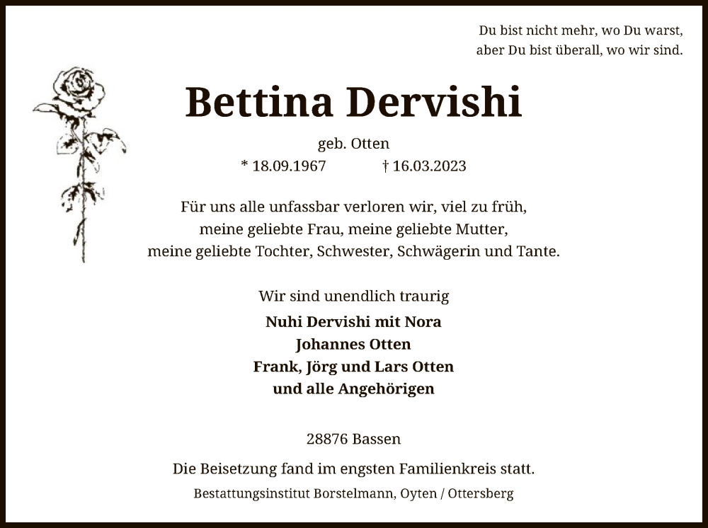  Traueranzeige für Bettina Dervishi vom 25.03.2023 aus SYK