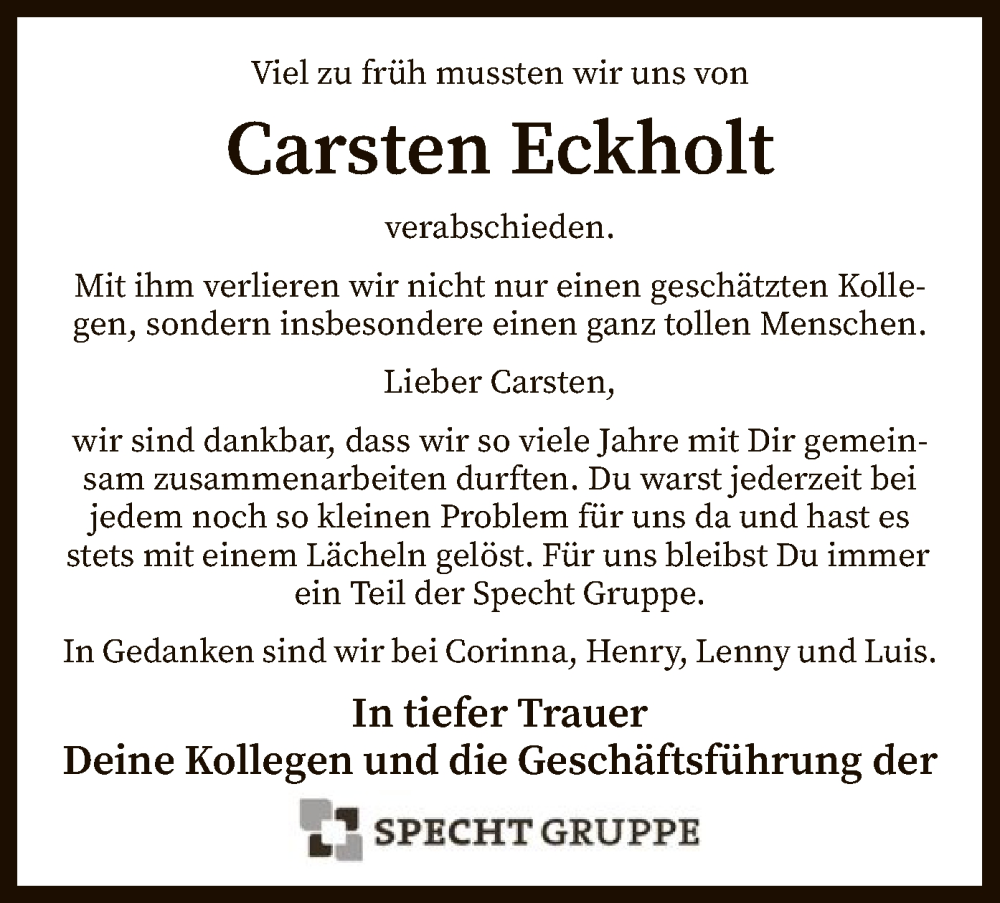  Traueranzeige für Carsten Eckholt vom 01.03.2023 aus SYK