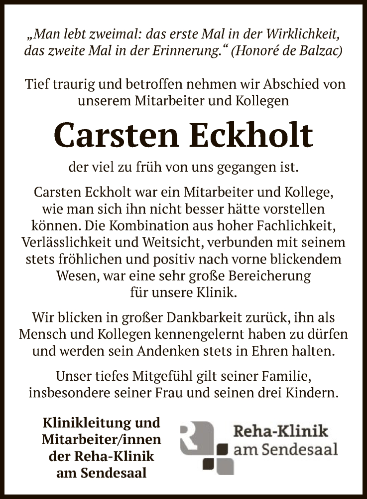  Traueranzeige für Carsten Eckholt vom 01.03.2023 aus SYK