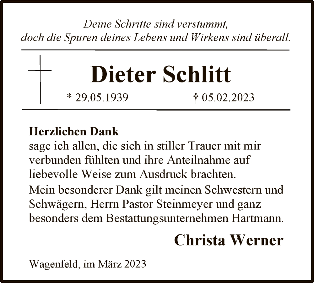  Traueranzeige für Dieter Schlitt vom 11.03.2023 aus SYK