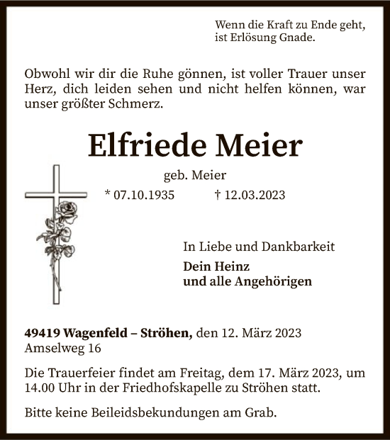 Traueranzeige von Elfriede Meier von SYK