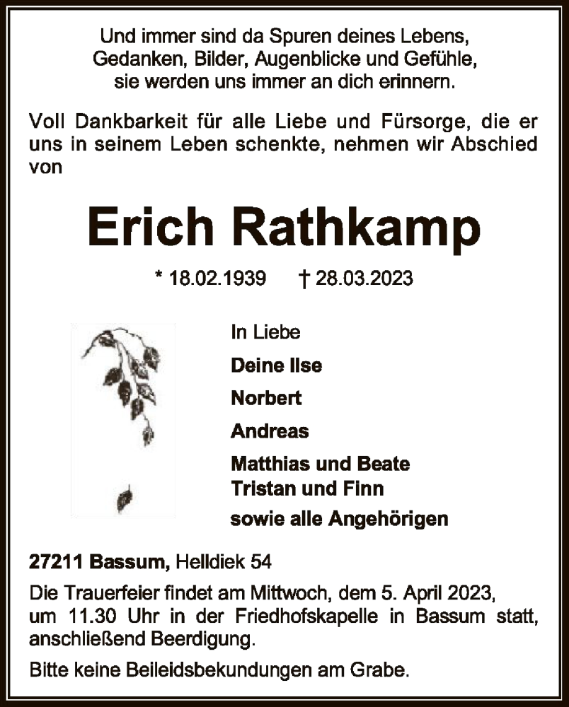  Traueranzeige für Erich Rathkamp vom 30.03.2023 aus SYK
