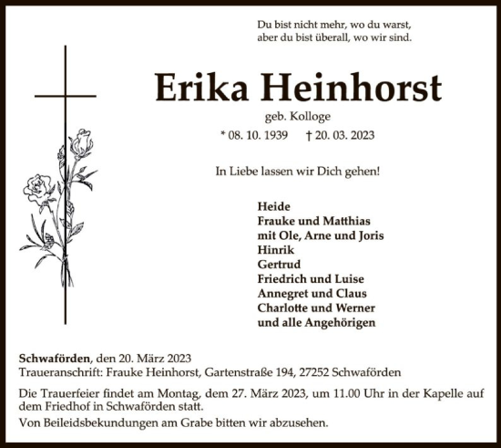 Traueranzeige von Erika Heinhorst von SYK