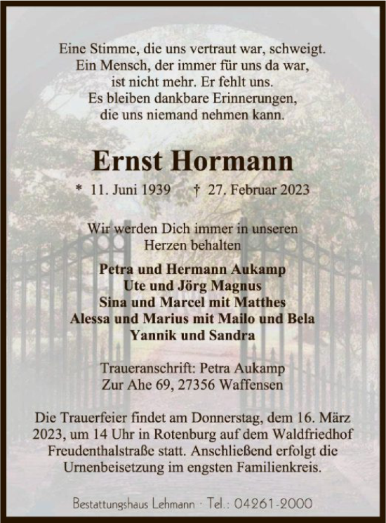 Traueranzeige von Ernst Hormann von SYK