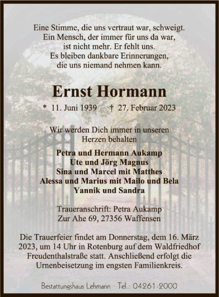  Traueranzeige für Ernst Hormann vom 04.03.2023 aus SYK