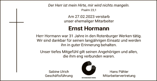 Traueranzeige von Ernst Hormann von SYK