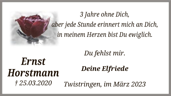 Traueranzeige von Ernst Horstmann von SYK