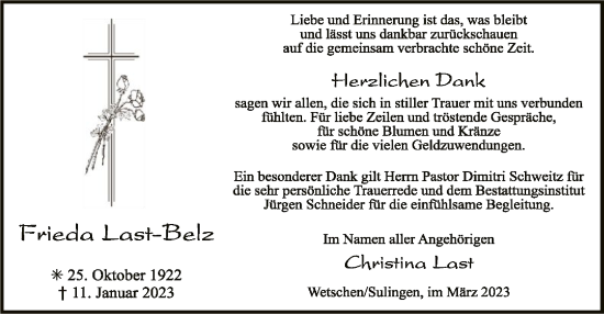 Traueranzeige von Frieda Last-Belz von SYK