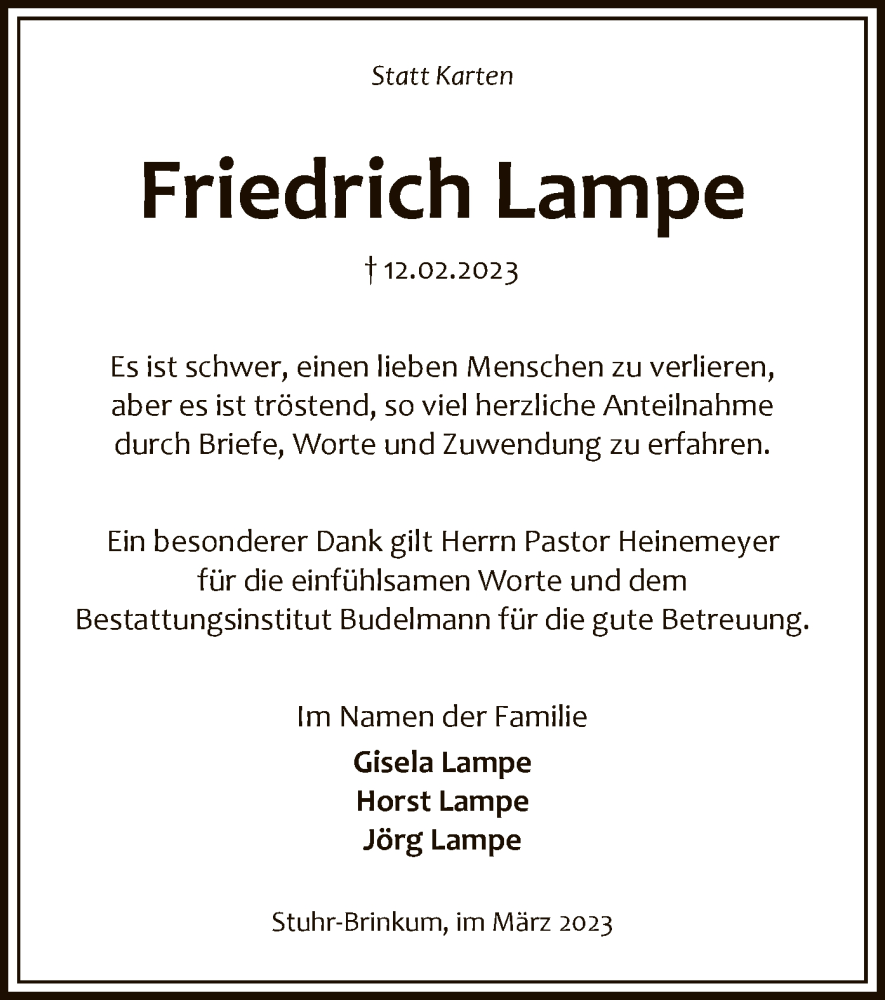  Traueranzeige für Friedrich Lampe vom 25.03.2023 aus SYK