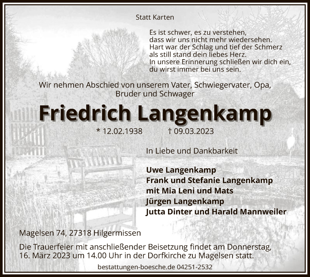  Traueranzeige für Friedrich Langenkamp vom 14.03.2023 aus SYK