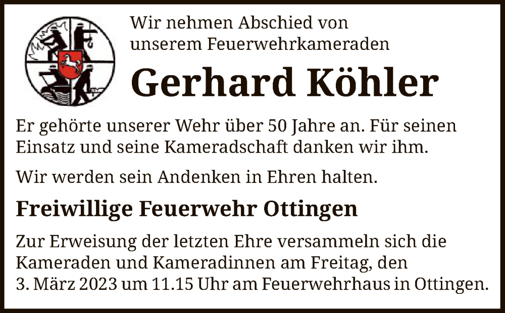  Traueranzeige für Gerhard Köhler vom 01.03.2023 aus SYK