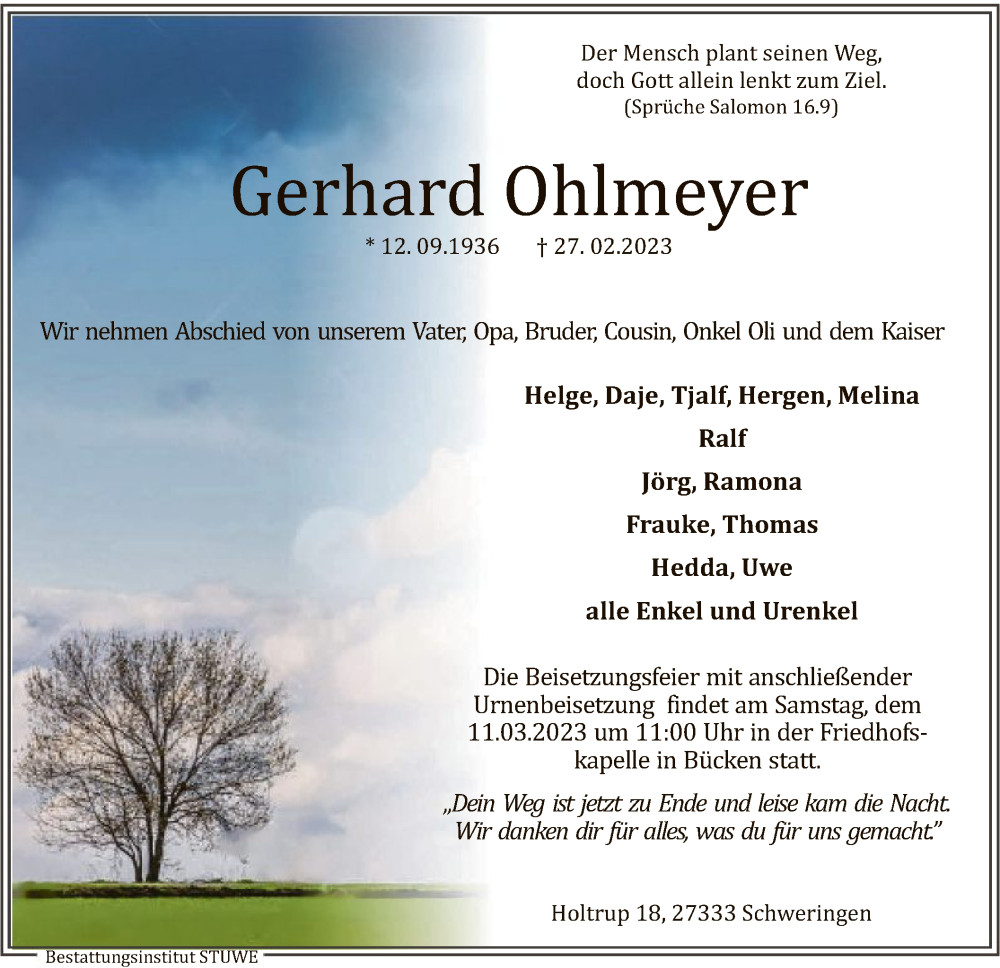  Traueranzeige für Gerhard Ohlmeyer vom 07.03.2023 aus SYK