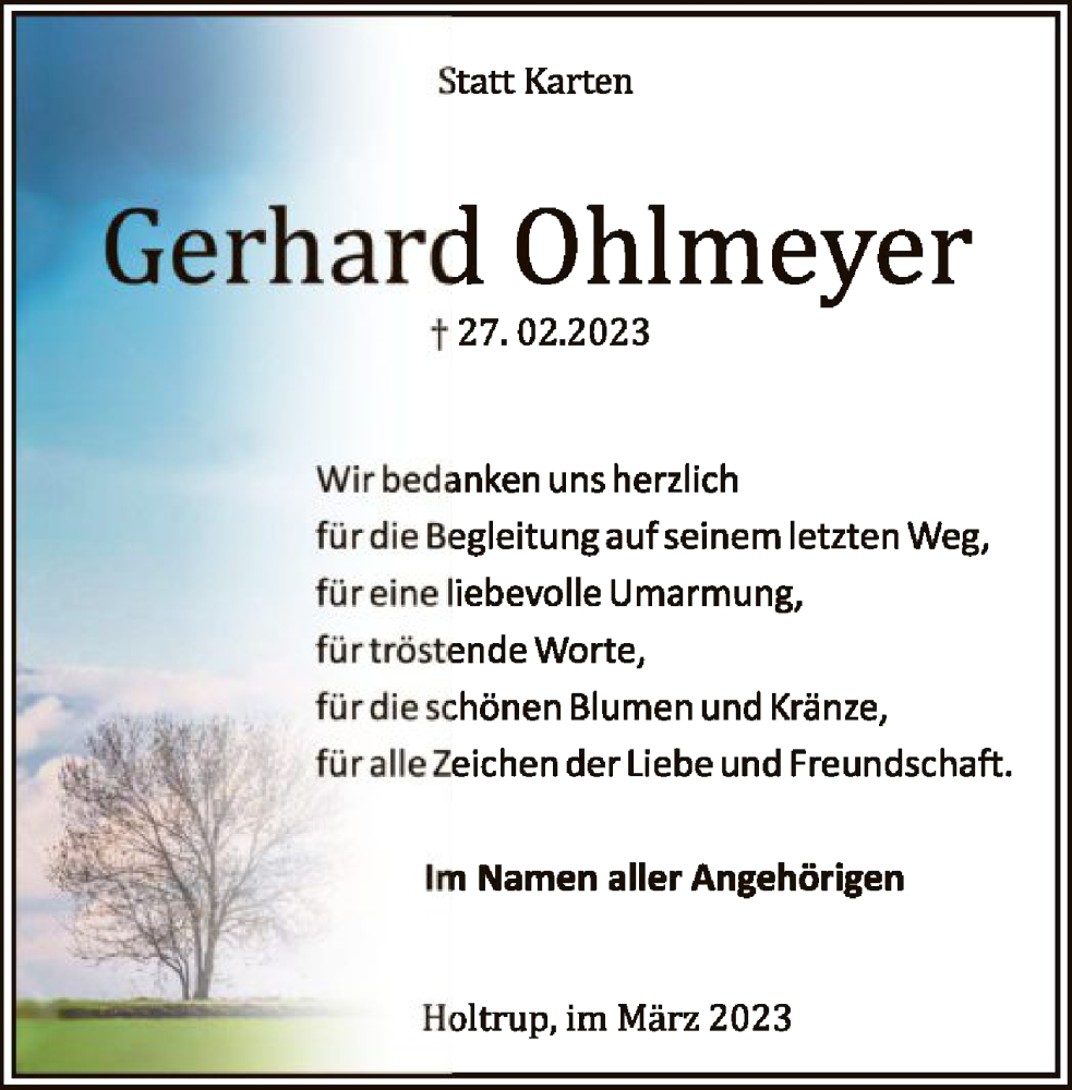  Traueranzeige für Gerhard Ohlmeyer vom 18.03.2023 aus SYK