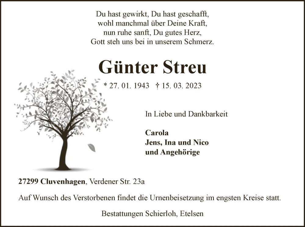  Traueranzeige für Günter Streu vom 18.03.2023 aus SYK