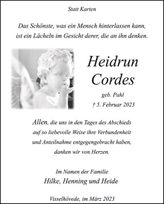 Traueranzeige von Heidrun Cordes von SYK