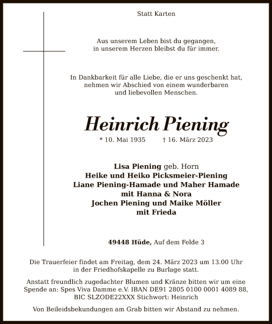 Traueranzeige von Heinrich Piening von SYK