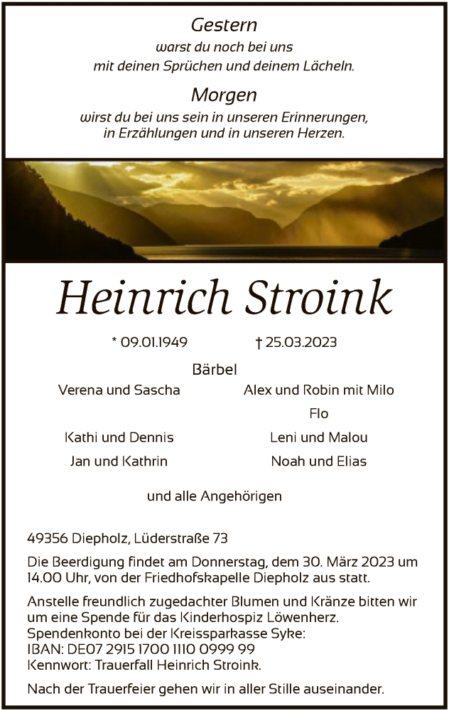  Traueranzeige für Heinrich Stroink vom 28.03.2023 aus SYK